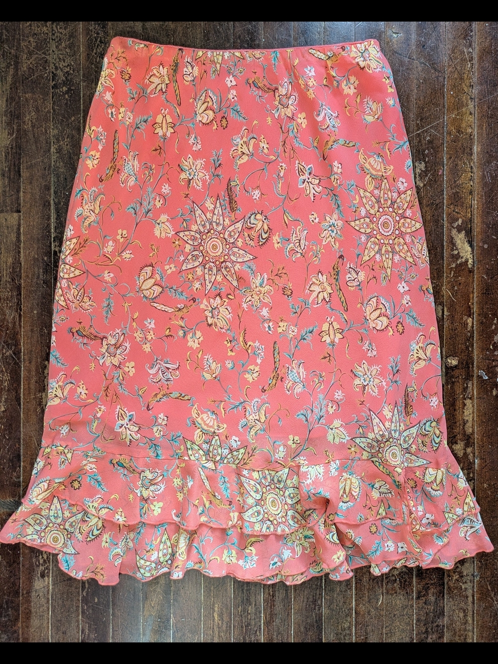 Chadwicks Coral Floral Ruffle-Hem Midi Silk Skirt VTG, 90's